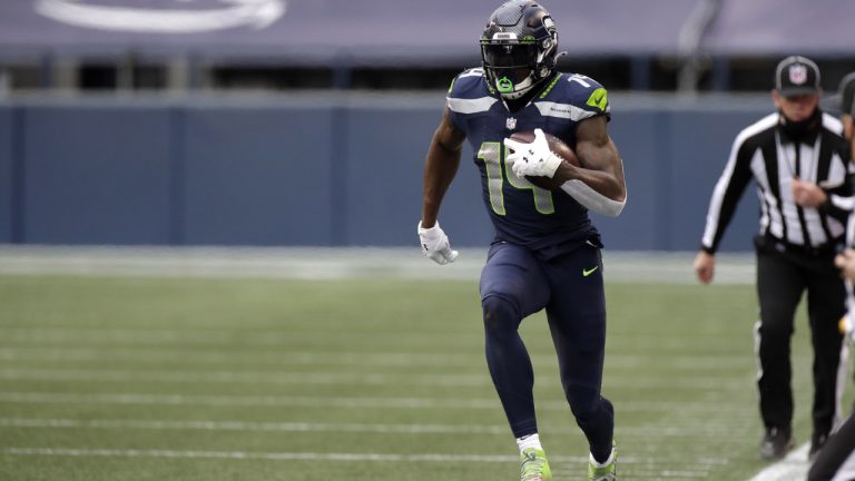 Seattle Seahawks wide receiver DK Metcalf runs after a reception against the New York Giants during the first half of an NFL football game, Sunday, Dec. 6, 2020, in Seattle. (Larry Maurer/AP)