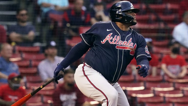 Atlanta Braves' Pablo Sandoval watches his single during the second inning of a baseball game against the Boston Red Sox at Fenway Park, Tuesday, May 25, 2021, in Boston. (Charles Krupa/AP)