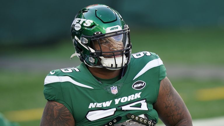 New York Jets' Quinnen Williams warms-up before an NFL football game against the Miami Dolphins. (Corey Sipkin/AP)