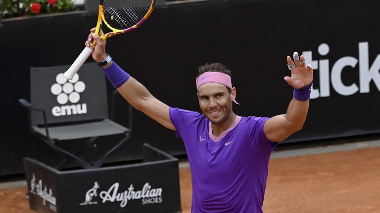 Spain's Rafael Nadal celebrates as he plays Germany's Alexander Zverev, during their quarter-final match at the Italian Open tennis tournament, in Rome, Friday, May 14, 2021. (Fabrizio Corradetti/LaPresse via AP)