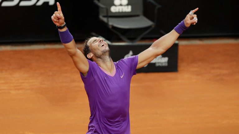 Spain's Rafael Nadal celebrates after defeating Serbia's Novak Djokovic at their final match of the Italian Open tennis tournament, in Rome, Sunday, May 16, 2021. Nadal won 7-5, 1-6, 6-3. (Gregorio Borgia/AP)