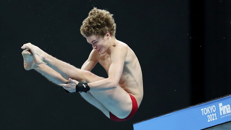 Wiens Rylan of Canada performs a dive during the men's 10-meter platform final at the FINA Diving World Cup in Tokyo, Tuesday, May 4, 2021. (Koji Sasahara/AP)