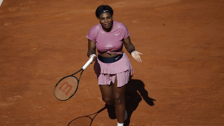 Serena Williams of the United States reacts during her match against Nadia Podoroska of Argentina, at the Italian Open tennis tournament, in Rome, Wednesday, May 12, 2021. (Alessandra Tarantino/AP)