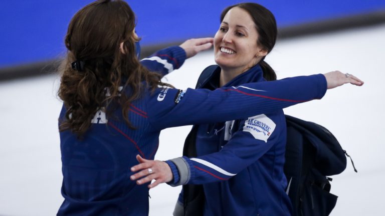 United States skip Tabitha Peterson celebrates with a teammate after defeating Sweden in the bronze medal final at the Women's World Curling Championship in Calgary, Alta., Sunday, May 9, 2021. (Jeff McIntosh/CP)