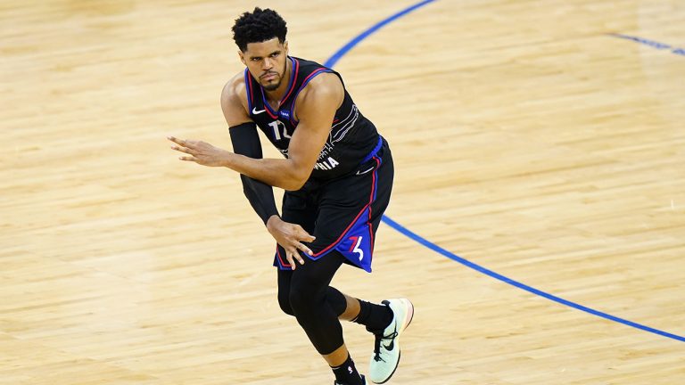 Philadelphia 76ers' Tobias Harris reacts after making a three-pointer during the second half of Game 1 of a first-round NBA basketball playoff series against the Washington Wizards, Sunday, May 23, 2021, in Philadelphia. (Matt Slocum/AP)