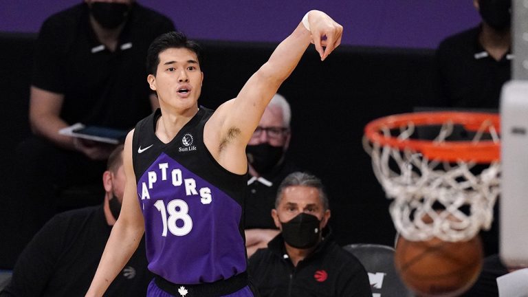 Toronto Raptors forward Yuta Watanabe watches his shot go in during the first half of an NBA basketball game against the Los Angeles Lakers Sunday, May 2, 2021, in Los Angeles. (AP Photo/Mark J. Terrill)