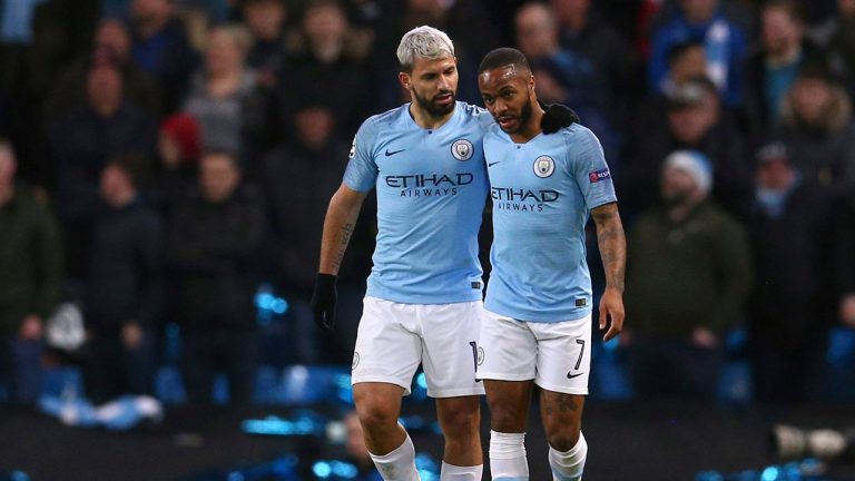 Manchester City's Sergio Aguero, left, celebrates with teammate Raheem Sterling on Tuesday, March 12, 2019. (Dave Thompson/AP)