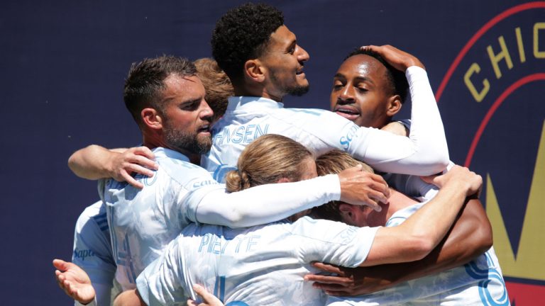 CF Montréal teammates celebrate with forward Mason Toye, right, after he scored during the second half of an MLS soccer match against the Chicago Fire. (Eileen T. Meslar/AP)