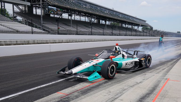 Dalton Kellett pulls out of the pits during a practice session for the Indianapolis 500 auto race at Indianapolis Motor Speedway, Thursday, Aug. 13, 2020, in Indianapolis. (Darron Cummings/AP) 