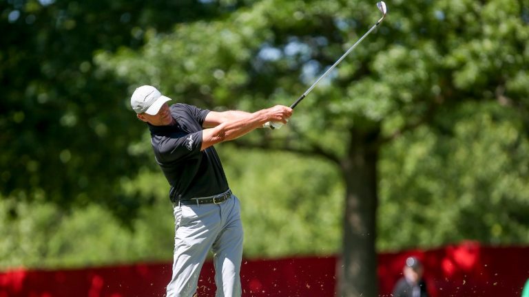 Steve Stricker hits an approach shot on the 15th hole during the third round of the Senior PGA Championship golf tournament at Southern Hills Country Club on Saturday, May 29, 2021, in Tulsa, Okla. (Ian Maule/Tulsa World via AP)