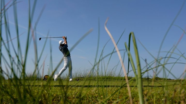 Jason Day, of Australia, watches his tee shot on the ninth hole during a practice round at the PGA Championship golf tournament on the Ocean Course Tuesday, May 18, 2021, in Kiawah Island, S.C. (David J. Phillip/AP)