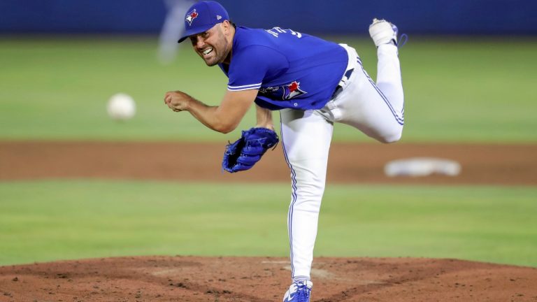 Toronto Blue Jays starting pitcher Robbie Ray throws against the Tampa Bay Rays during the sixth inning of a baseball game Saturday, May 22, 2021, in Dunedin, Fla. (Mike Carlson/AP)