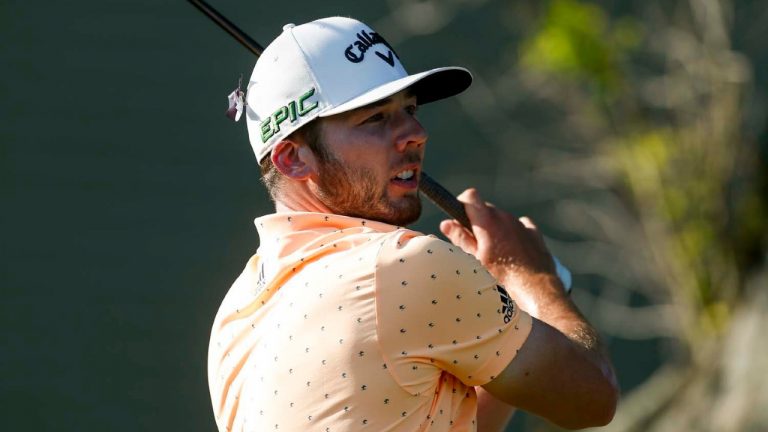 Sam Burns watches his shot at the 16th hole during the PGA Valspar Championship golf tournament in Palm Harbor, Fla., Friday, April 30, 2021. (Ivy Ceballo/Tampa Bay Times via AP)