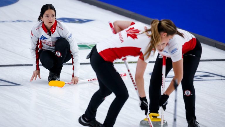 Team Canada skip Kerri Einarson makes a shot against the United States at the Women's World Curling Championship in Calgary, Alta., Sunday, May 2, 2021. (Jeff McIntosh/CP)