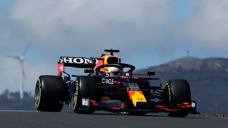 Red Bull driver Max Verstappen of the Netherlands steers his car during the second free practice session ahead of the Portugal Formula One Grand Prix at the Algarve International Circuit near Portimao, Portugal, Friday, April 30, 2021. (Manu Fernandez/AP)