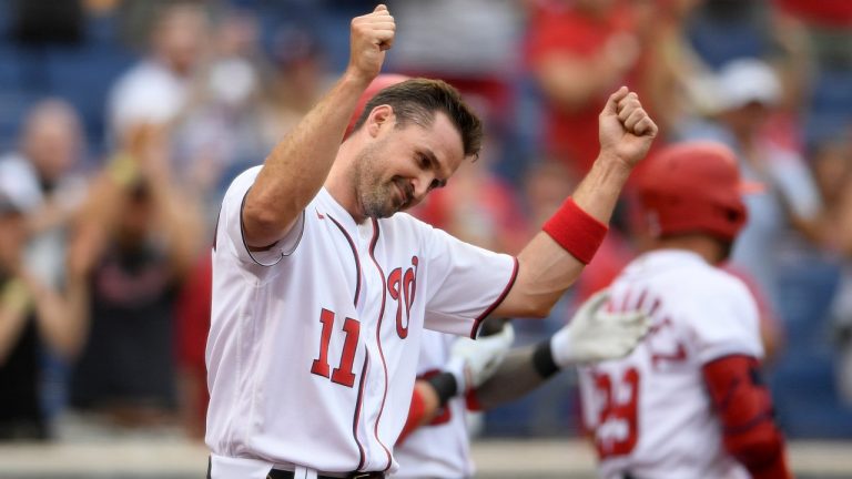Washington Nationals' Ryan Zimmerman takes a curtain call after he was recognized as the new all-time franchise leader in runs scored during the sixth inning of a baseball game against the Baltimore Orioles, Saturday, May 22, 2021, in Washington. (Nick Wass/AP)