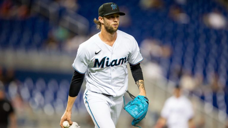 Former Miami Marlins relief pitcher Adam Cimber (90) has been traded to the Toronto Blue Jays. (Mary Holt/AP)