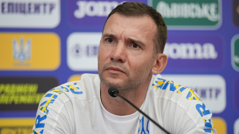 Ukraine's national soccer team head coach Andriy Shevchenko listens to questions during a press conference in Bucharest, Romania, Wednesday, June 9, 2021 two days before the start of Euro 2020 soccer championship. (Vadim Ghirda / AP)