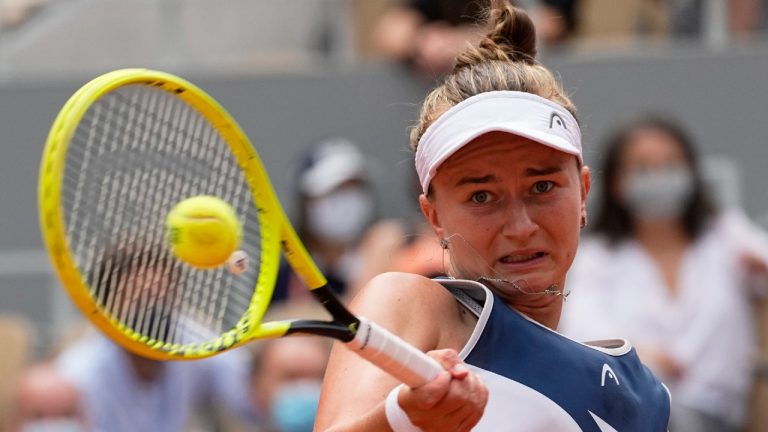 Czech Republic's Barbora Krejcikova returns the ball to Russia's Anastasia Pavlyuchenkova during the French Open final. (Michel Euler/AP)