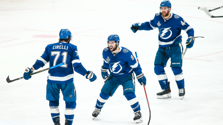 Anthony Cirelli and Tyler Johnson celebrate in Game 2 of the Stanley Cup Final between the Tampa Bay Lightning and Montreal Canadiens. (Alex D’Addese/Sportsnet)