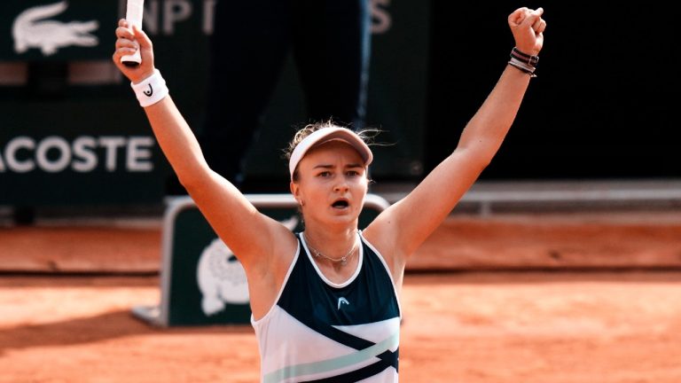 Czech Republic's Barbora Krejcikova reacts as she defeats Russia's Anastasia Pavlyuchenkova in the French Open Final. (Thibault Camus/AP)