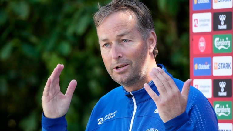 Denmark's manager Kasper Hjulmand talks to the media prior to a training session of Denmark's national team in Helsingor, Denmark, Tuesday, June 15, 2021. It is the second training of the Danish team since the Euro championship soccer match against Finland when Christian Eriksen collapsed last Saturday. (Martin Meissner/AP)