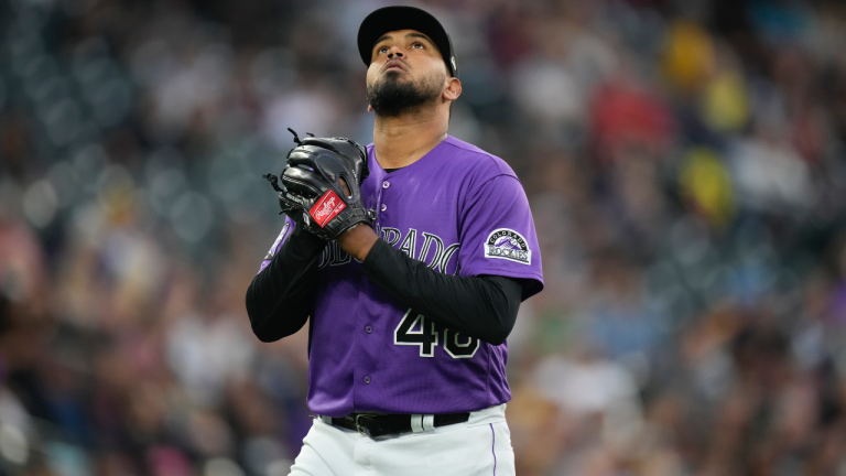Colorado Rockies starting pitcher German Marquez heads to the dugout after retiring the Pittsburgh Pirates in the sixth inning of a baseball game Tuesday, June 29, 2021, in Denver. (David Zalubowski / AP) 