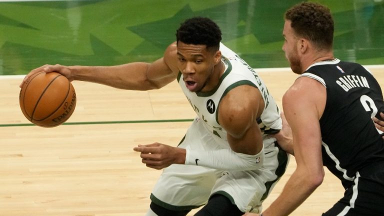 Milwaukee Bucks' Giannis Antetokounmpo tries to drive past Brooklyn Nets' Blake Griffin during the first half of Game 4 of the NBA Eastern Conference basketball semifinals game Sunday, June 13, 2021, in Milwaukee. (Morry Gash/AP)