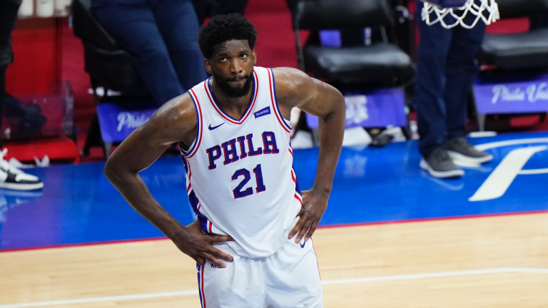 Philadelphia 76ers' Joel Embiid reacts in the final minute of Game 7 in a second-round NBA basketball playoff series against the Atlanta Hawks, Sunday, June 20, 2021, in Philadelphia. (Matt Slocum / AP)