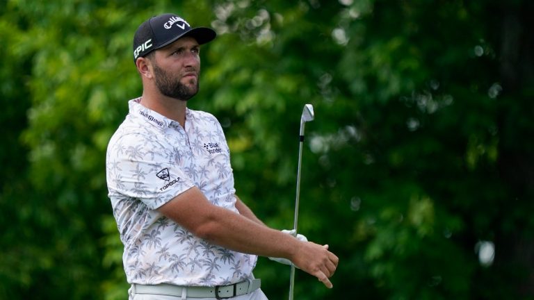 Jon Rahm watches his tee shot on the 14th hole during the third round of the Memorial golf tournament, Saturday, June 5, 2021, in Dublin, Ohio. (Darron Cummings/AP) 