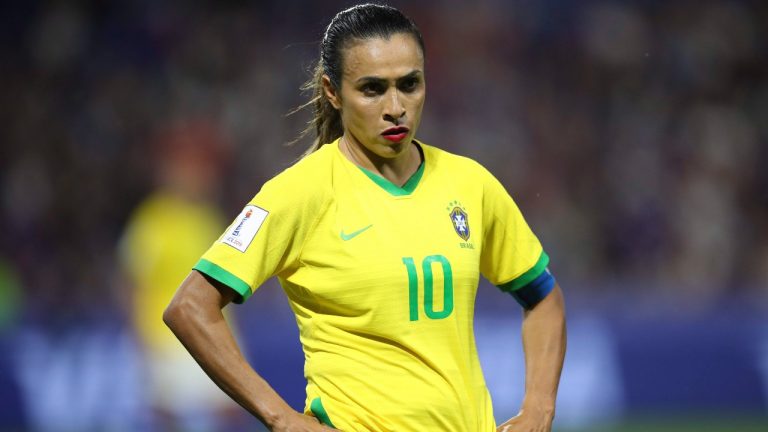 Brazil's Marta stands on the pitch at the end of the Women's World Cup round of 16 soccer match between France and Brazil at the Oceane stadium in Le Havre, France, Sunday, June 23, 2019. (Francisco Seco/AP)