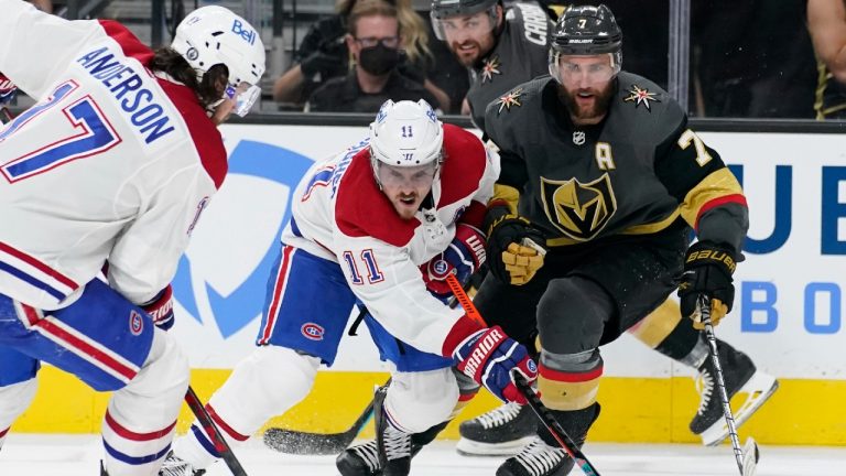 Montreal Canadiens right wing Brendan Gallagher (11) vies for the puck with Vegas Golden Knights defenceman Alex Pietrangelo (7). (John Locher/AP)