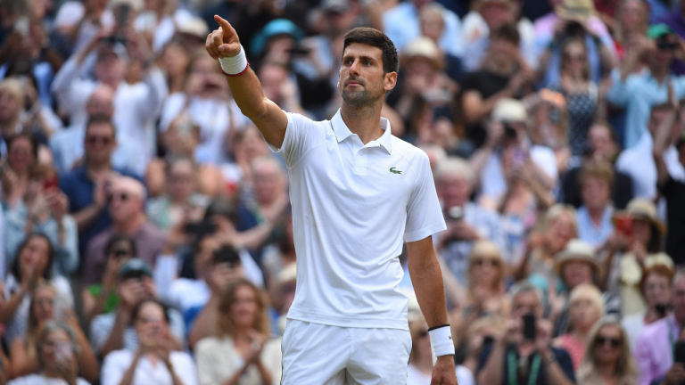 Novak Djokovic (SRB) wins the men final versus Roger Federer (SUI) at the 2019 Wimbledon Championships at the AELTC in London, UK, on July 14, 2019. (Corinne Dubreuil/ABACAPRESS.COM)