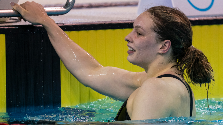 Penelope Oleksiak reacts after winning the Women’s 100m Freestyle at the Olympic Swimming Trials in Toronto on Tuesday June 22, 2021. (Frank Gunn / CP)