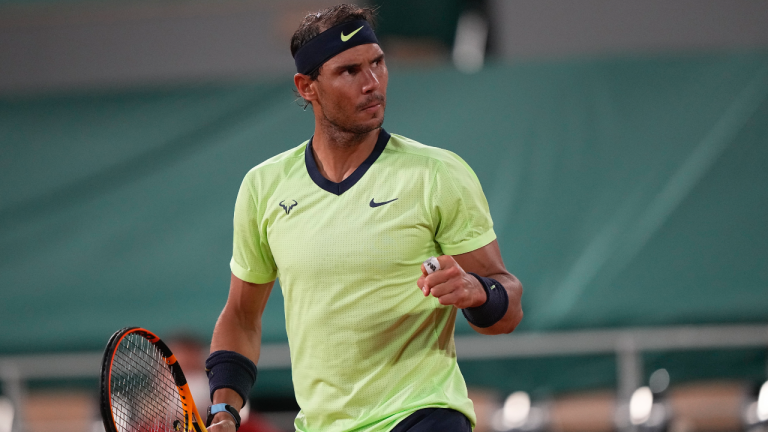 Spain's Rafael Nadal celebrates after winning a point against Richard Gasquet of France during their second round match on day 5, of the French Open tennis tournament at Roland Garros in Paris, France, Thursday, June 3, 2021. (Michel Euler / AP) 