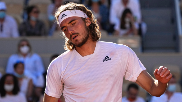 Stefanos Tsitsipas of Greece reacts as he plays Serbia's Novak Djokovic during their final match of the French Open tennis tournament at the Roland Garros stadium Sunday, June 13, 2021 in Paris. (Michel Euler / AP)