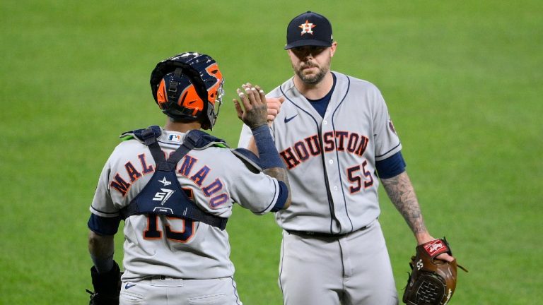 Houston Astros relief pitcher Ryan Pressly (55) and catcher Martin Maldonado (15) celebrate after a baseball game against the Baltimore Orioles, Tuesday, June 22, 2021, in Baltimore. (Nick Wass/AP) 