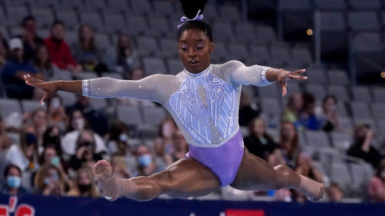Simone Bils competes in the floor exercise during the U.S. Gymnastics Championships, Friday, June 4, 2021, in Fort Worth, Texas. (Tony Gutierrez/AP)