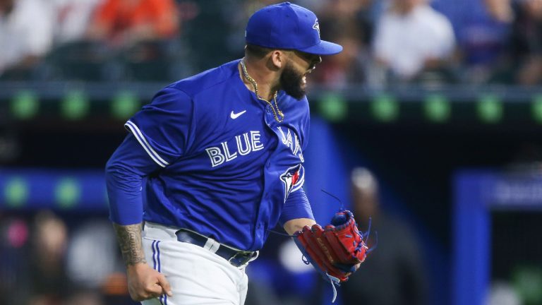 Toronto Blue Jays starting pitcher Alek Manoah celebrates after striking out Baltimore Orioles' Austin Hays for the final out of the sixth inning of a baseball game in Buffalo, N.Y., Friday, June 25, 2021. (Joshua Bessex/AP) 

