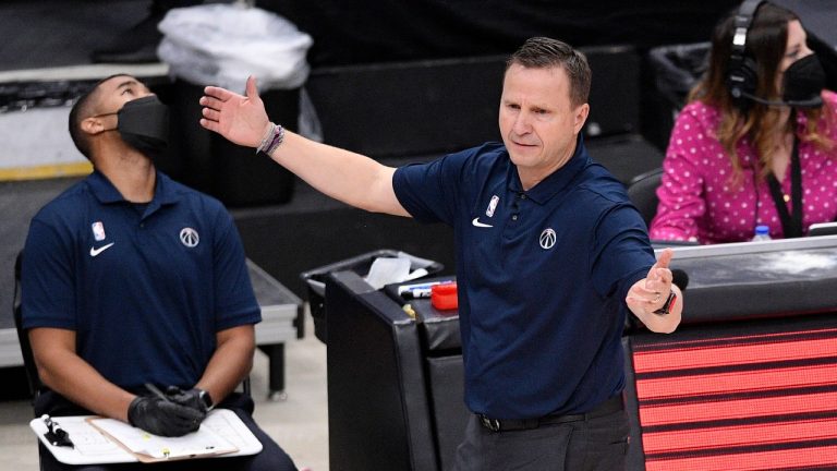 Washington Wizards head coach Scott Brooks gestures during the second half of Game 4 in a first-round NBA basketball playoff series against the Philadelphia 76ers, Monday, May 31, 2021, in Washington. (Nick Wass/AP)