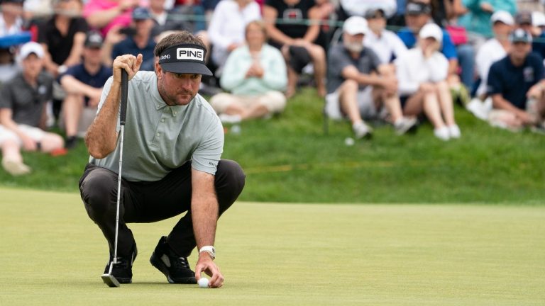 Bubba Watson lines up his putt on the ninth green during the second round of the Travelers Championship golf tournament at TPC River Highlands, Friday, June 25, 2021, in Cromwell, Conn. (John Minchillo/AP)