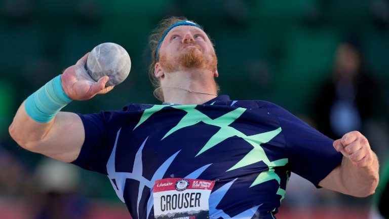 Ryan Crouser competes during the finals of men's shot put at the U.S. Olympic Track and Field Trials Friday, June 18, 2021, in Eugene, Ore. (Charlie Riedel/AP) 