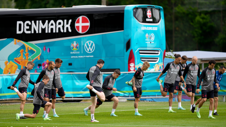 Players exercise at the training ground during a training session of Denmark's national team in Helsingor, Denmark, Monday, June 14, 2021. It is the first training of the Danish team since the Euro championship soccer match against Finland when Christian Eriksen collapsed last Saturday. (Martin Meissner/AP) 