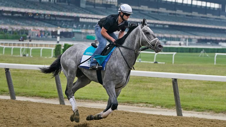 Essential Quality trains ahead of the 153rd running of the Belmont Stakes horse race in Elmont, N.Y., Thursday, June 3, 2021. (Seth Wenig/AP) 