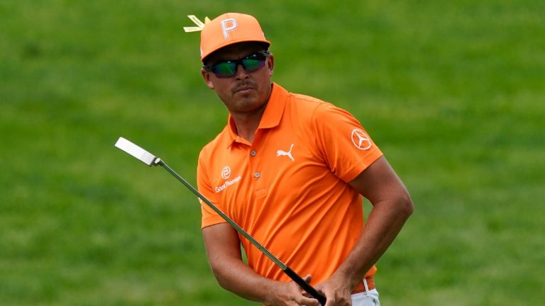 Rickie Fowler watches his putt on the first hole during the final round of the Memorial golf tournament, Sunday, June 6, 2021, in Dublin, Ohio. (Darron Cummings/AP)