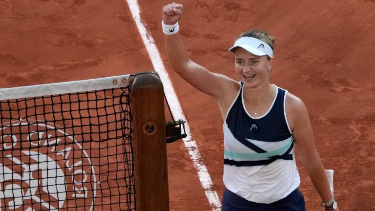 Czech Republic's Barbora Krejcikova celebrates after defeating Maria Sakkari of Greece in their semifinal match of the French Open tennis tournament at the Roland Garros stadium Thursday, June 10, 2021 in Paris. (Christophe Ena/AP)