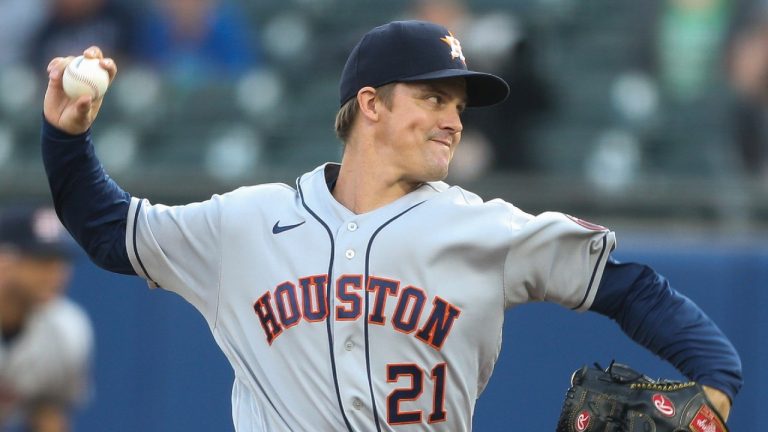 Houston Astros starting pitcher Zack Greinke throws during the second inning of the team's baseball game against the Toronto Blue Jays in Buffalo, N.Y., Friday, June 4, 2021. (Joshua Bessex/AP) 