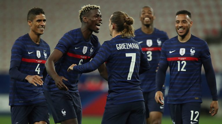 France's Antoine Griezmann, centre, celebrates after scoring his side's second goal with his teammates during the international friendly soccer match between France and Wales at the Allianz Riviera stadium in Nice, France, Wednesday, June 2, 2021. (Daniel Cole/AP) 