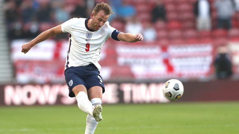 England's Harry Kane kicks the ball during the international friendly soccer match between England and Austria at the Riverside stadium in Middlesbrough, England, Wednesday June 2, 2021. (Scott Heppell/AP)