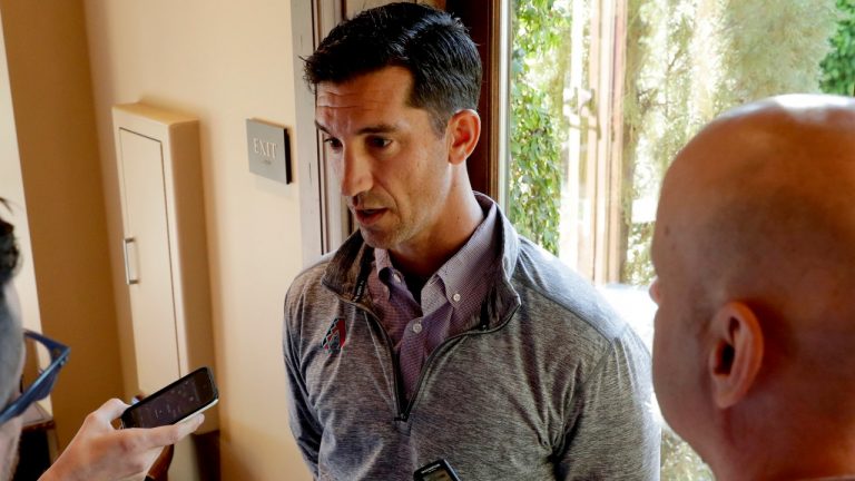 In this Tuesday, Nov. 12, 2019, file photo, Arizona Diamondbacks general manager Mike Hazen speaks during a media availability during the Major League Baseball general managers annual meetings, in Scottsdale, Ariz. (Matt York/AP)